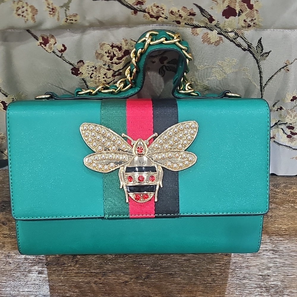 Elegant Green Designer Bag with Bee Embellishment